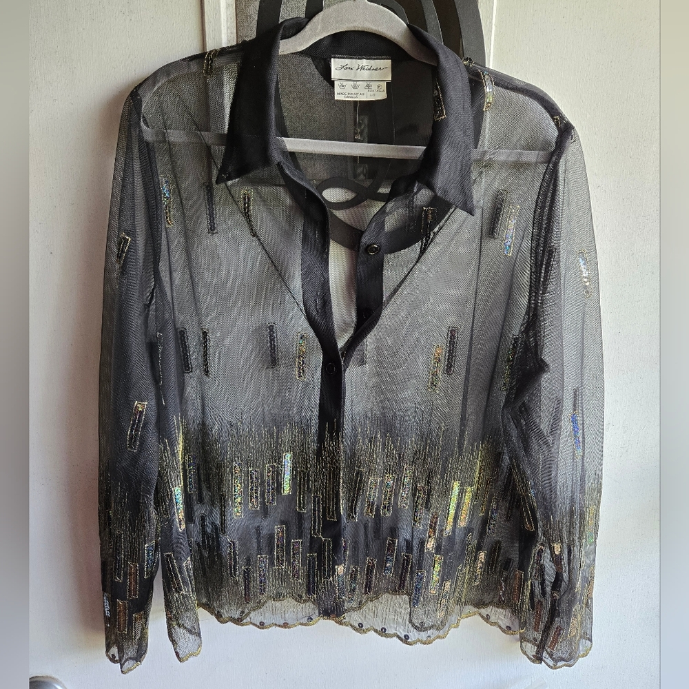 Lori Weidner Elegant Black and Gold Sequin Embellished Mesh Top NWOT